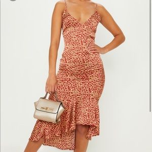 Pretty Little Thing (PLT) Red Leopard Print Frill Hem Midi Dress (Sz. 0)